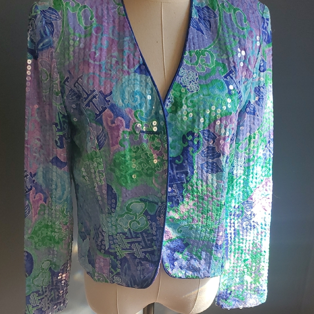 Vtg Sequin-Embellished Lavender & Aqua Women's Blazer - Picture 4 of 17